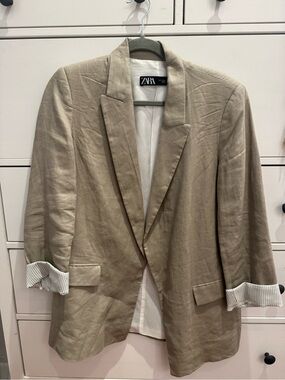 Zara Beige Linen-Blend Relaxed Blazer with Striped Cuff
